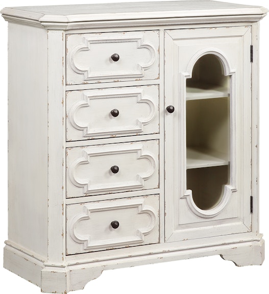 Coast2Coast Home (51555) - Chic Four Drawer One Door Storage Chest With Glass Door Front And Vintage White Painted Finish 51555
