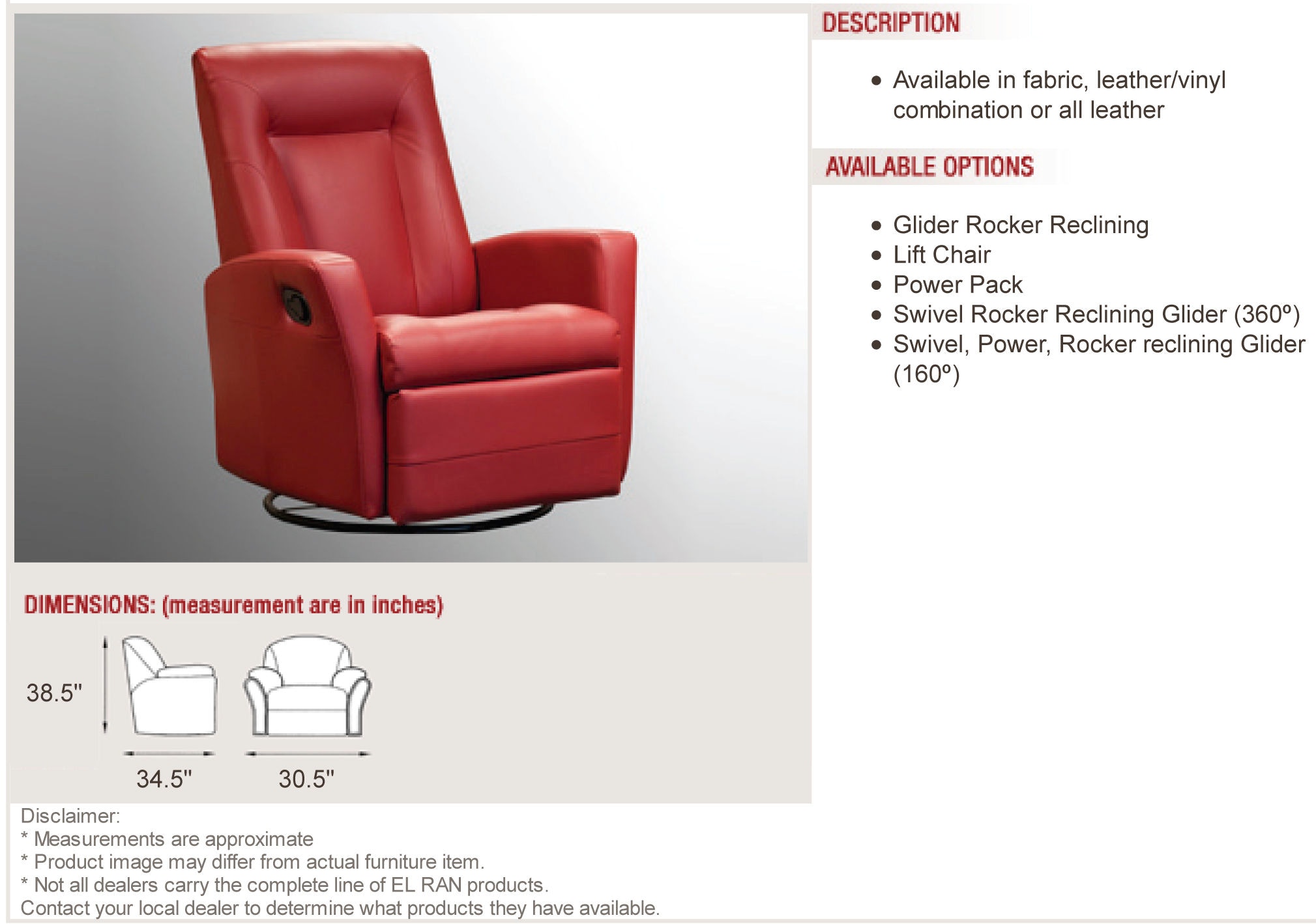 Elran Living Room Swivel Glider Recliner Power Pack ERL0312SGPOWP