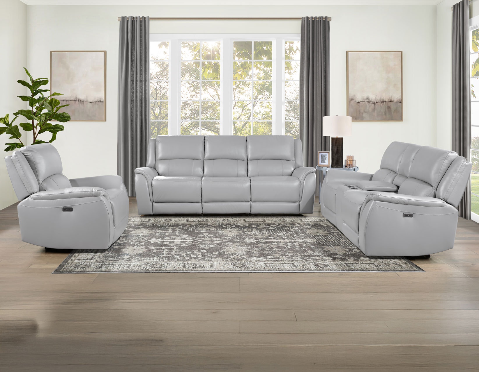  Alexandria 3-Piece Leather Reclining Set – Sofa, Loveseat, Recliner, Stone 