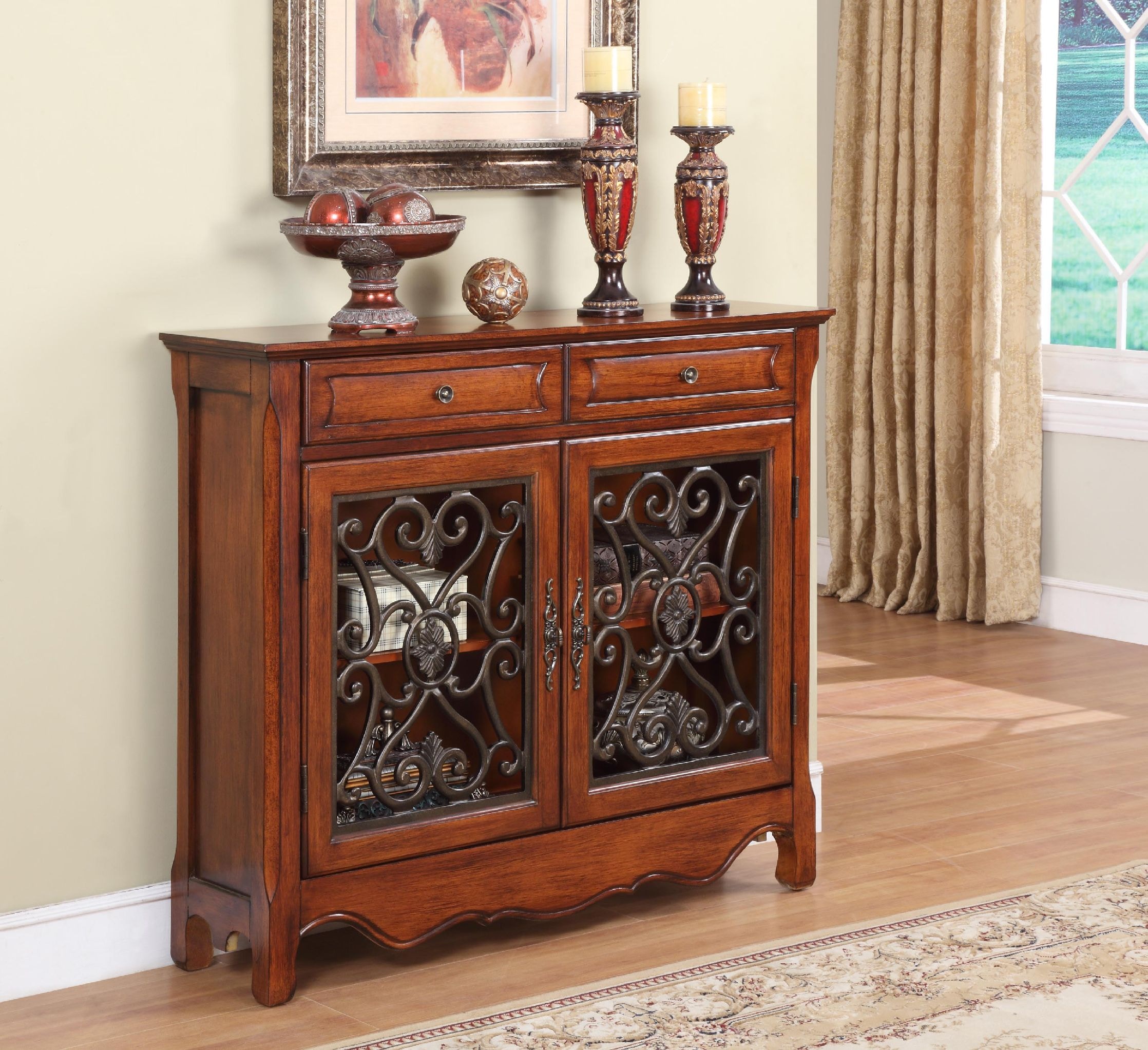 Powell Furniture Living Room Light Cherry 2Door, 2Drawer Scroll