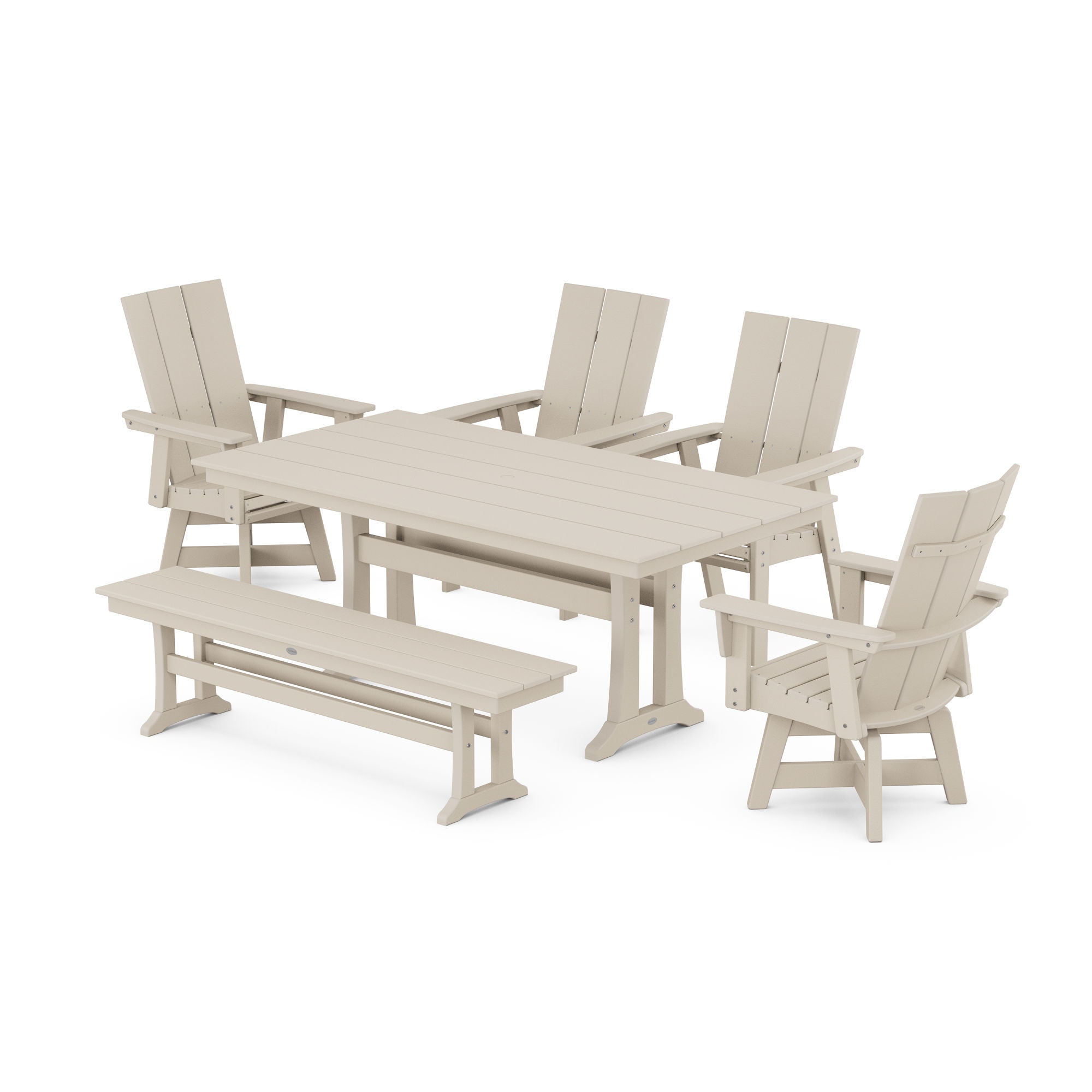  Modern Curveback Adirondack Swivel Chair 6-Piece Farmhouse Dining Set With Trestle Legs And Bench 