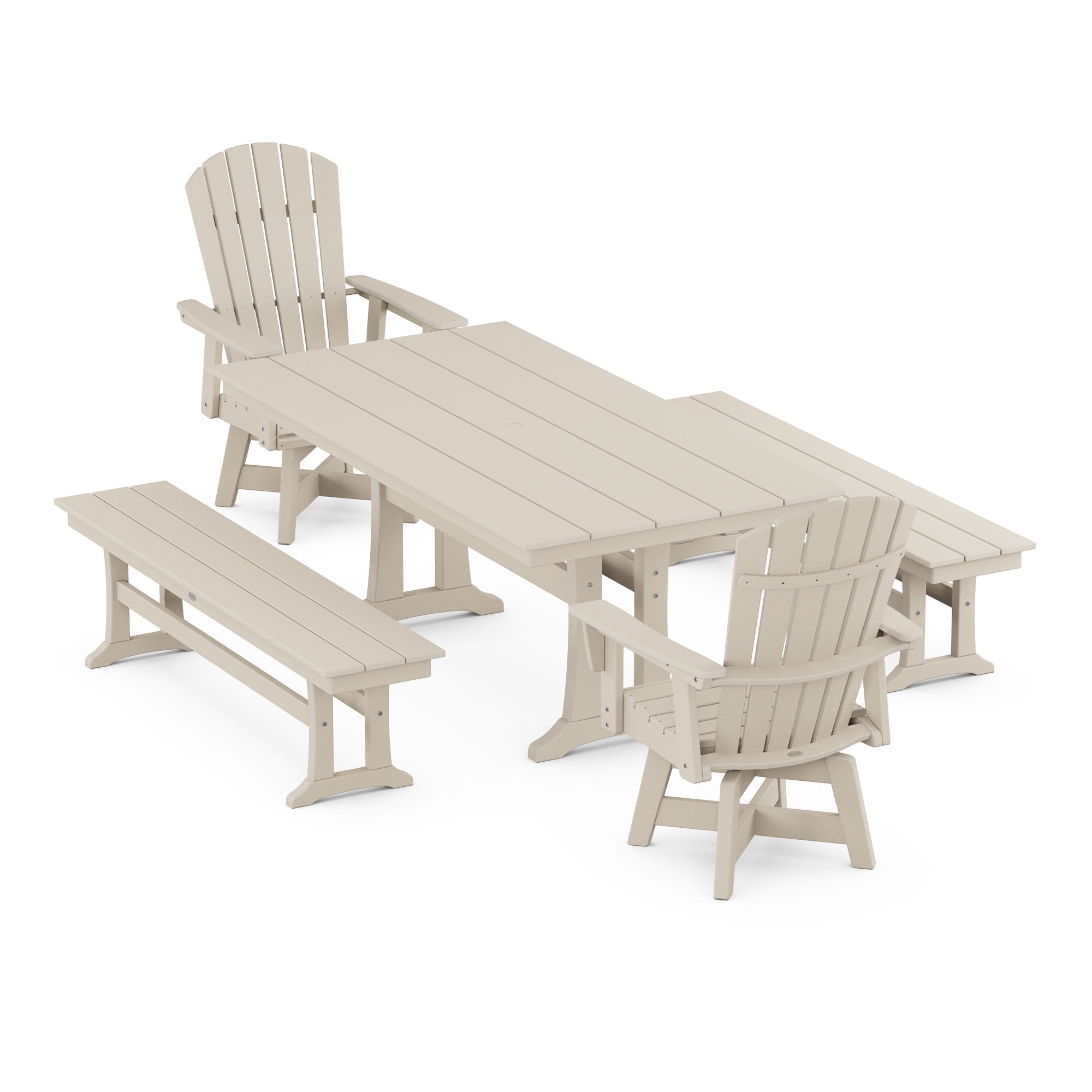  Nautical Curveback Adirondack Swivel Chair 5-Piece Farmhouse Dining Set With Trestle Legs And Benches 