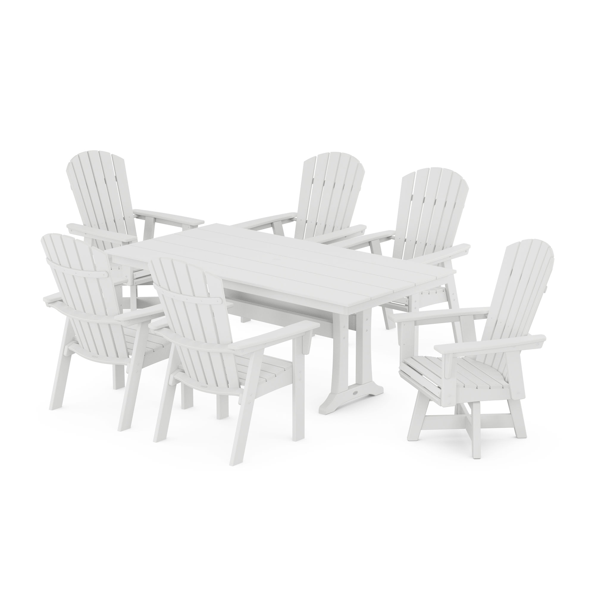  Nautical Curveback Adirondack Swivel Chair 7-Piece Farmhouse Dining Set With Trestle Legs 