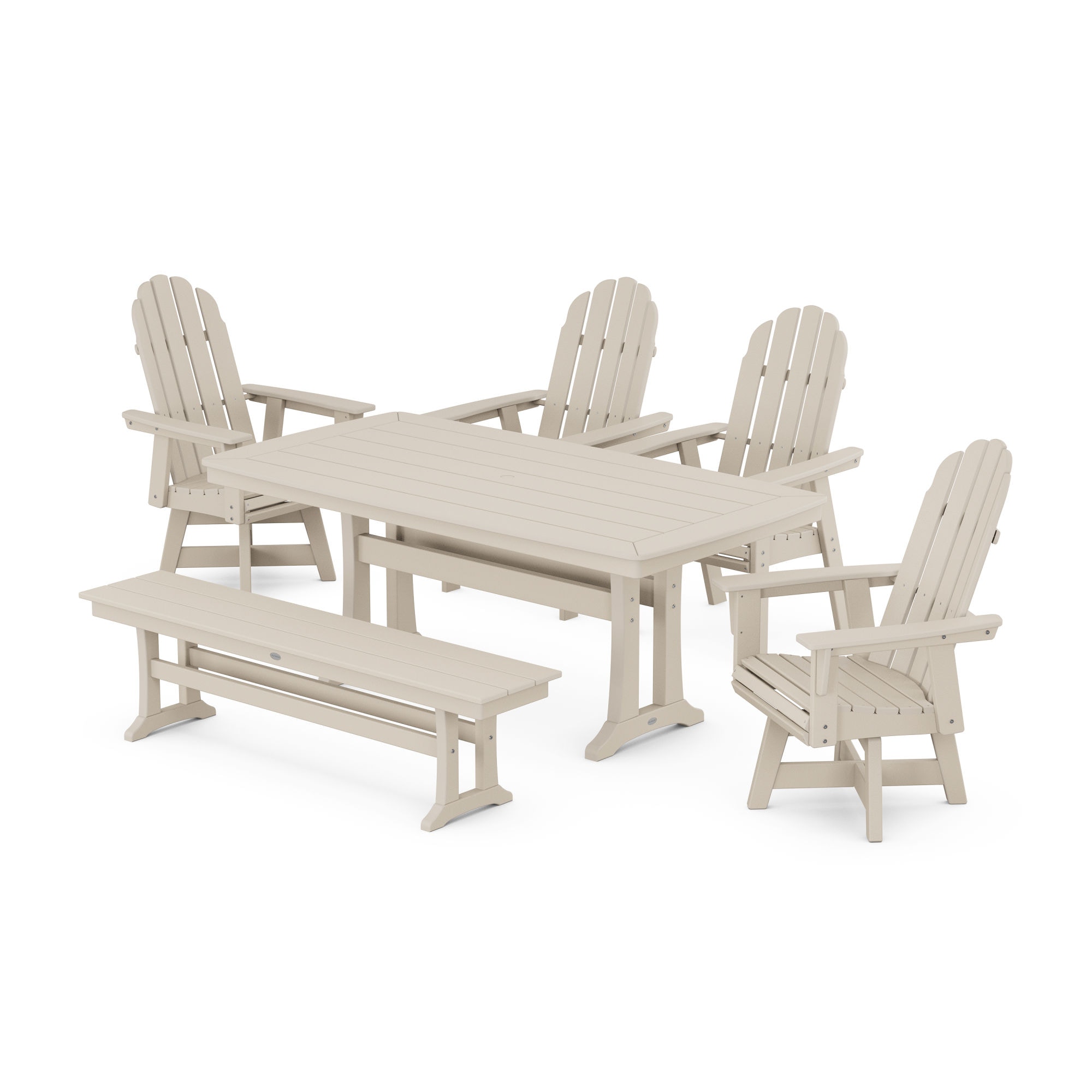  Vineyard Curveback Adirondack Swivel Chair 6-Piece Dining Set With Trestle Legs And Bench 
