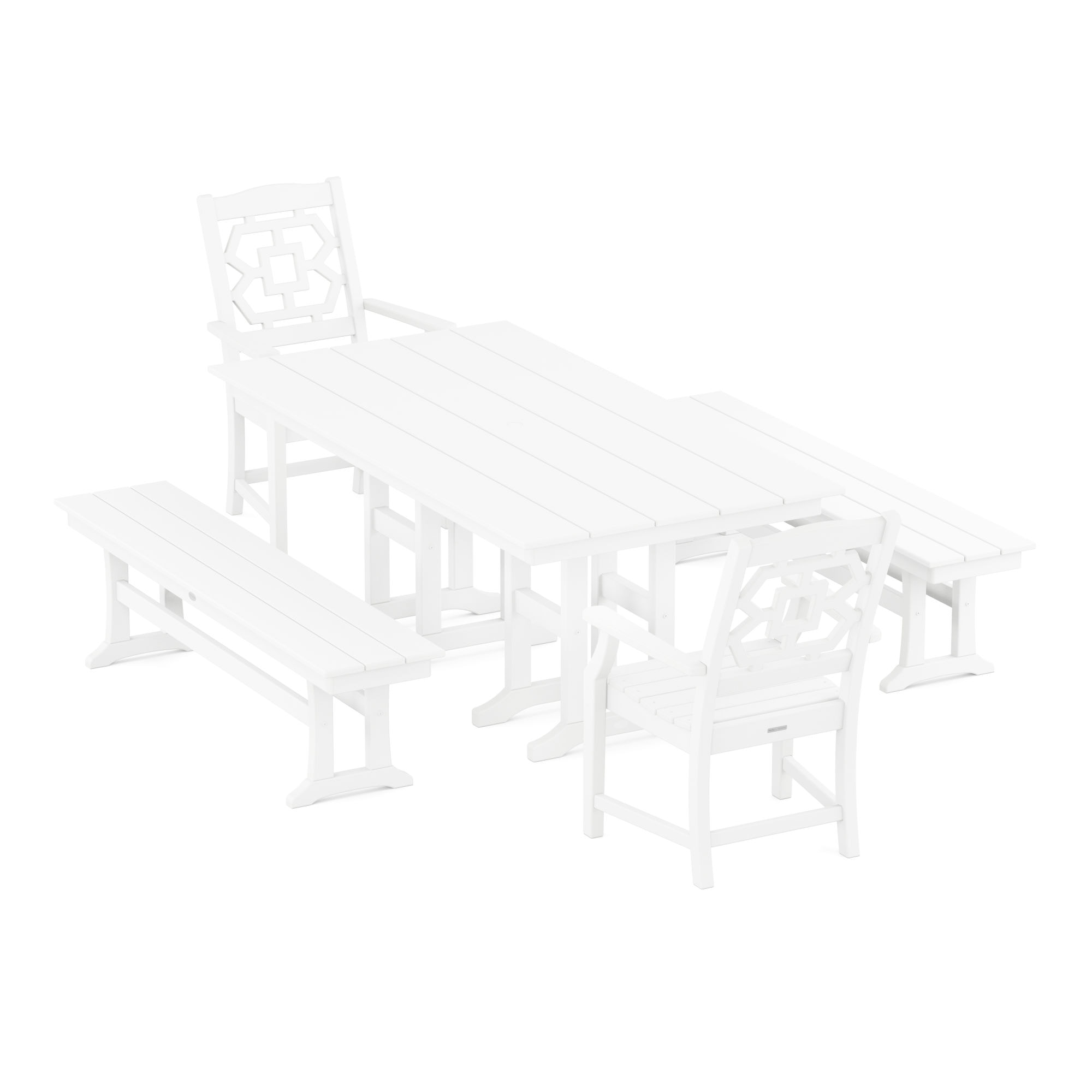  Chinoiserie 5-Piece Farmhouse Dining Set With Benches 