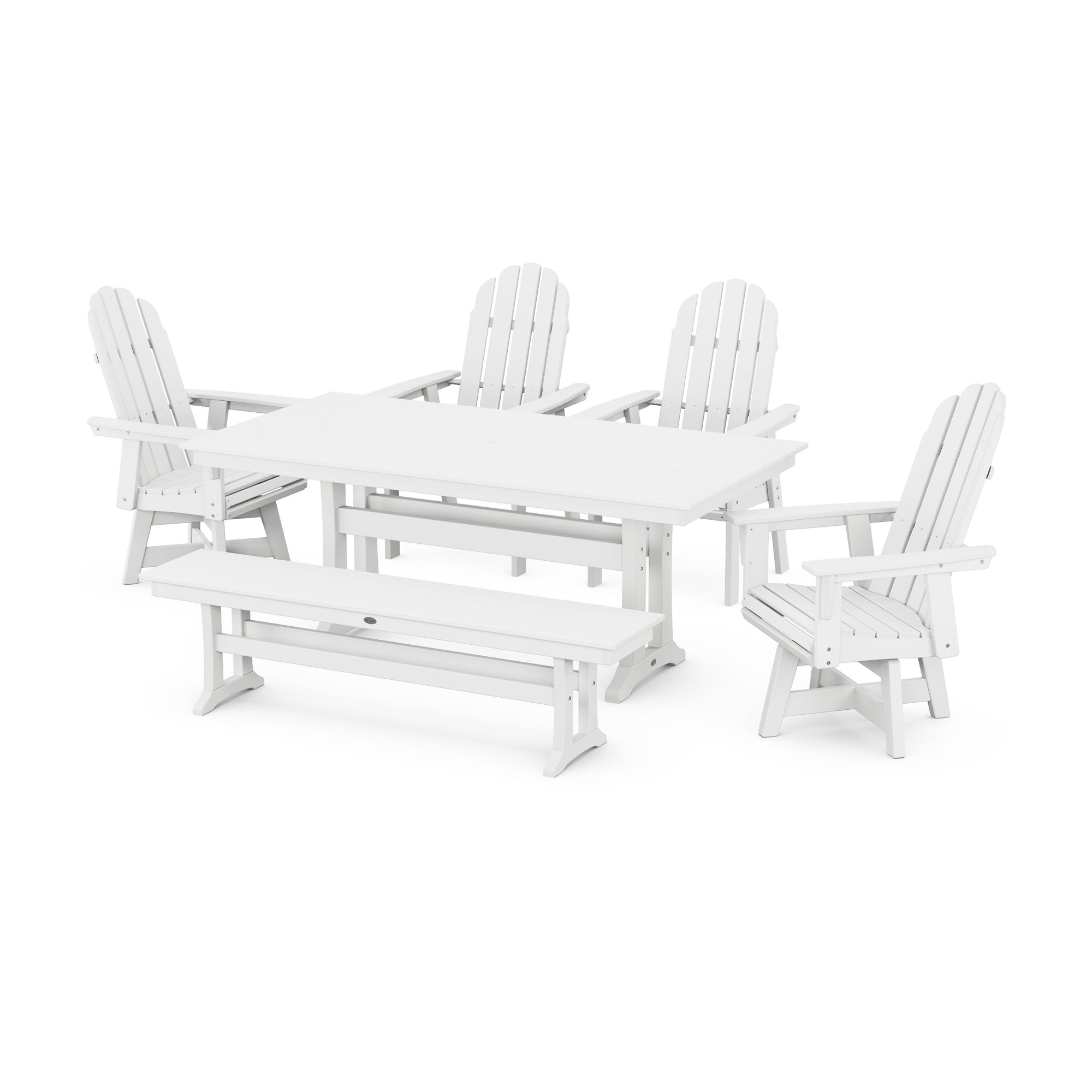  Vineyard Curveback Adirondack 6-Piece Swivel Chair Farmhouse Dining Set With Trestle Legs And Bench 