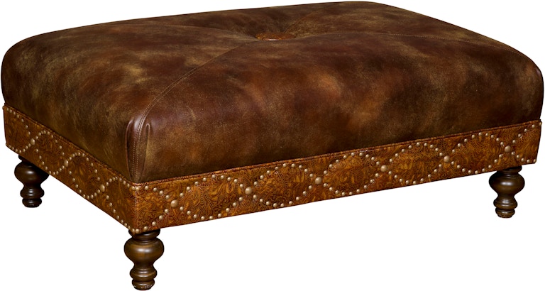 King Hickory Capital Ottoman Capital Rectangle Medium Ottoman with Miter and Button Top and Turned Leg in Leather 3R-MNT-L