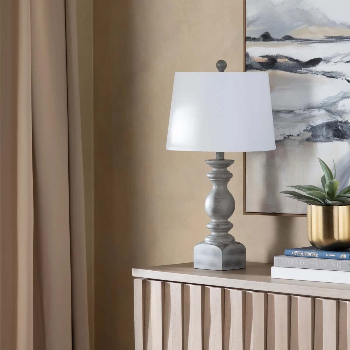  Set Of 2 Grey With Light Undertone Resin Table Lamp With Shade 