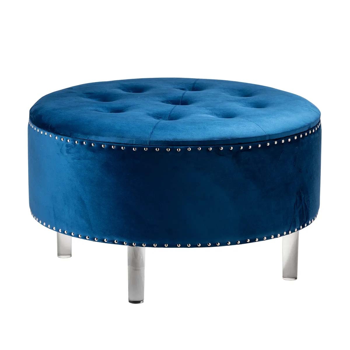 Crestview Natalia Round Blue Velvet Storage Ottoman EVFZR3147BU