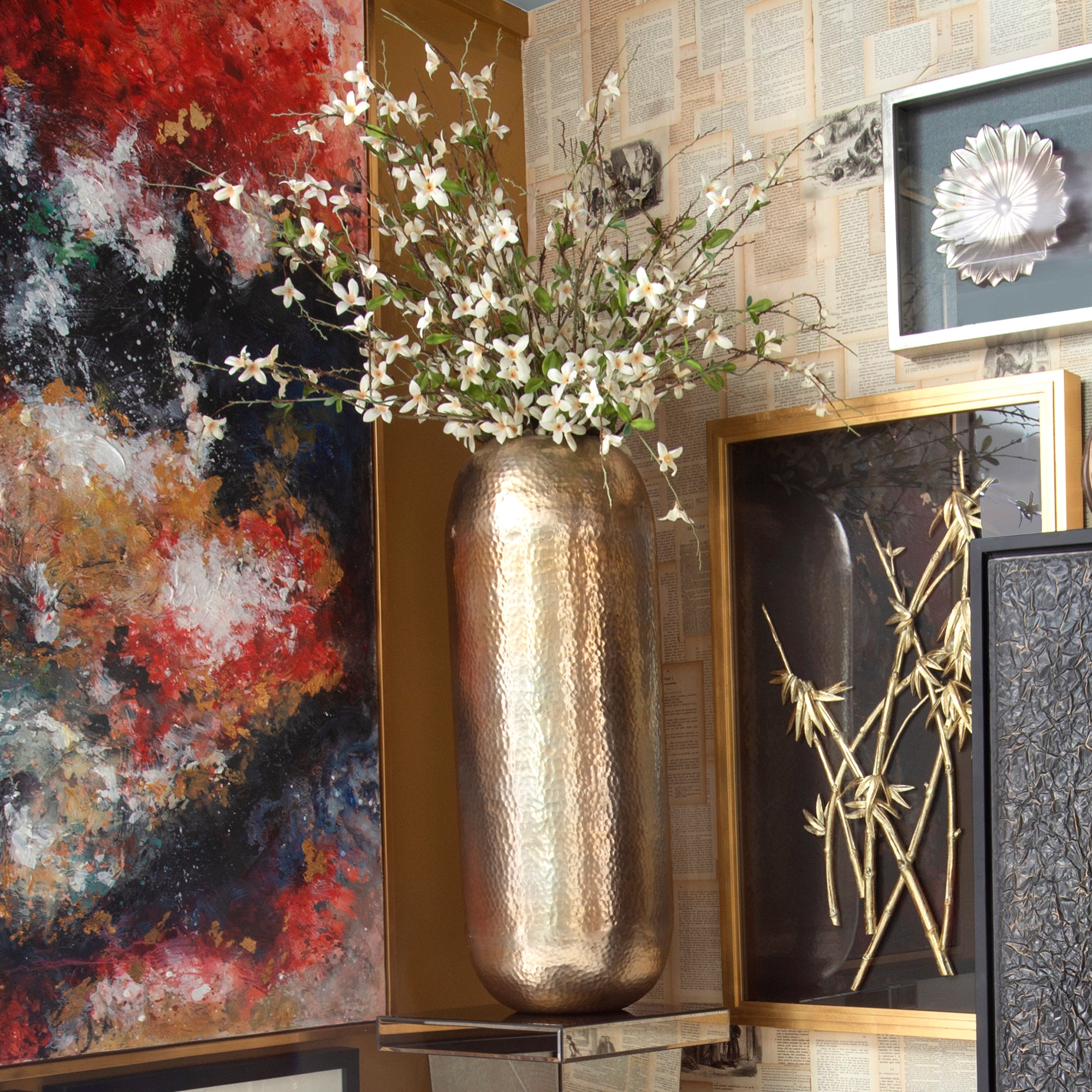 Oversized Metal Cylinder Vase with Hammered Deep Bronze Finish