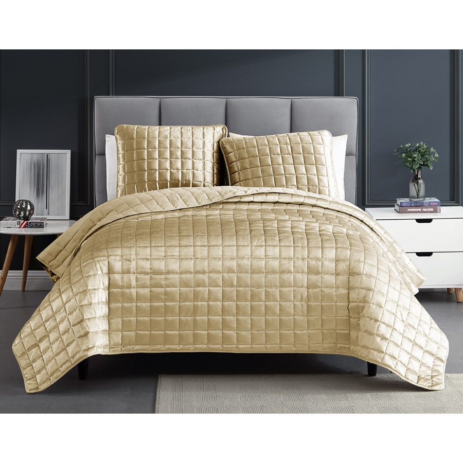  Luxe 3PC F/Queen Gold Velvet Coverlet 81207