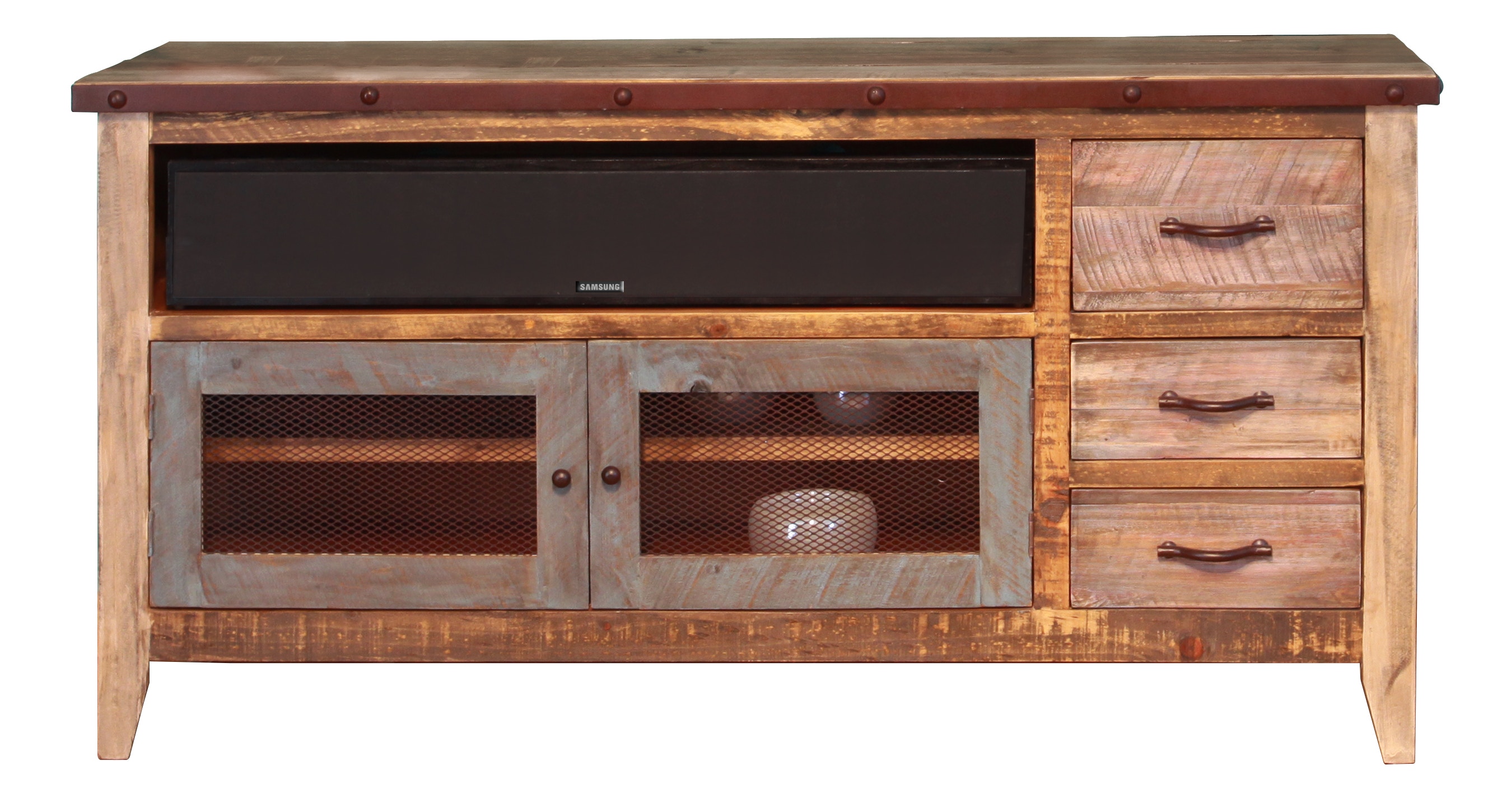 International Furniture Direct 3 Drawer, 2 Iron Mesh Doors 62 Inch TV Stand IFD967STAND