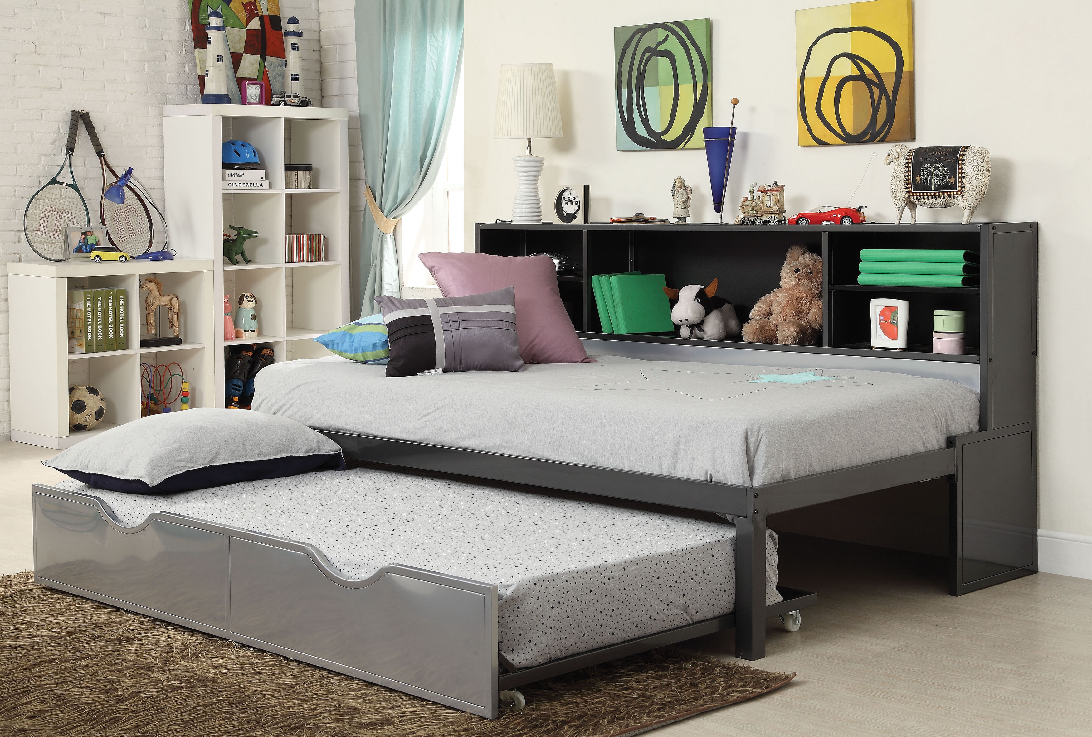 Silver Black Twin Bed With Bookcase Trundle