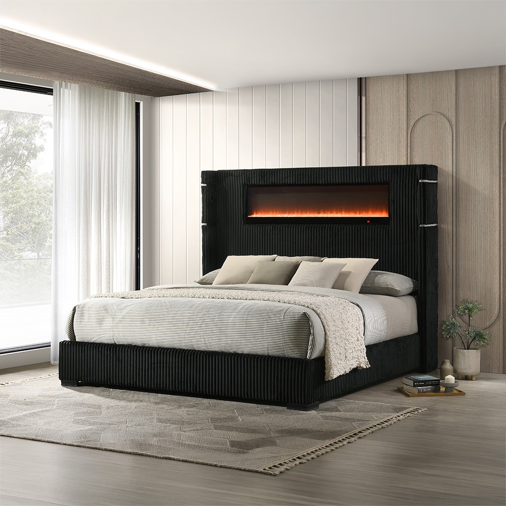 Garner Queen Bed with Fireplace, LED, Reading Light, Speaker, Bluetooth and USB 