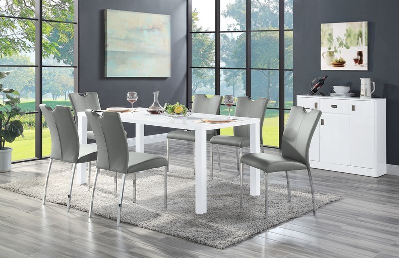 white gloss dining table and coloured chairs