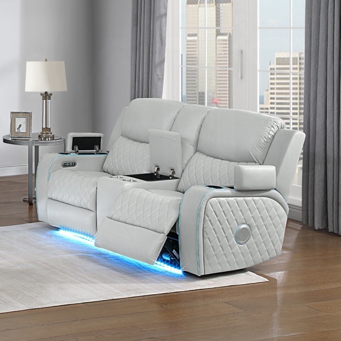  Elonzo Power Motion Loveseat with Console, LED, Power Headrest and Speaker 