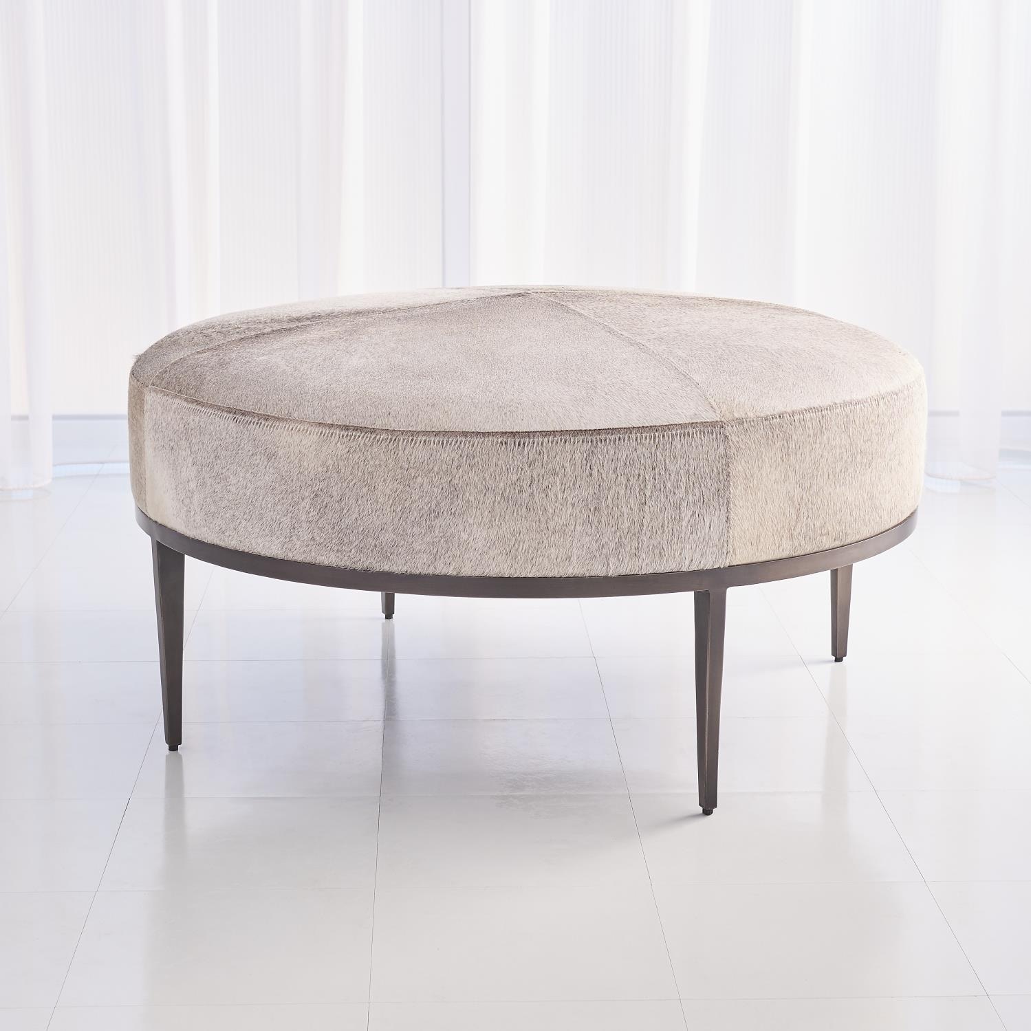 Global Views Urban Ottoman with Grey Hair-on-Hide-Antique Gunmetal 7.91094