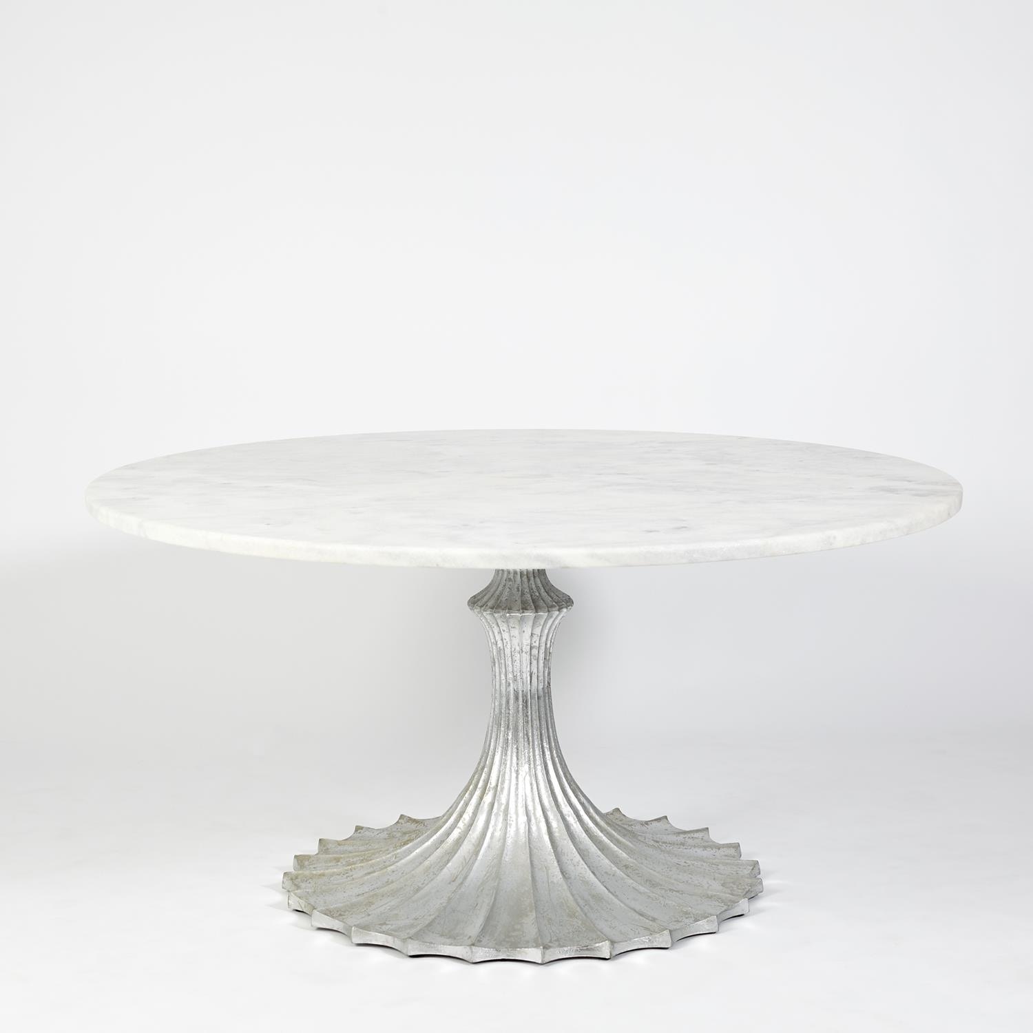 Global Views Flute Table 60 White Marble Top with 34 Silver Leaf Base WDSEH9235-GV