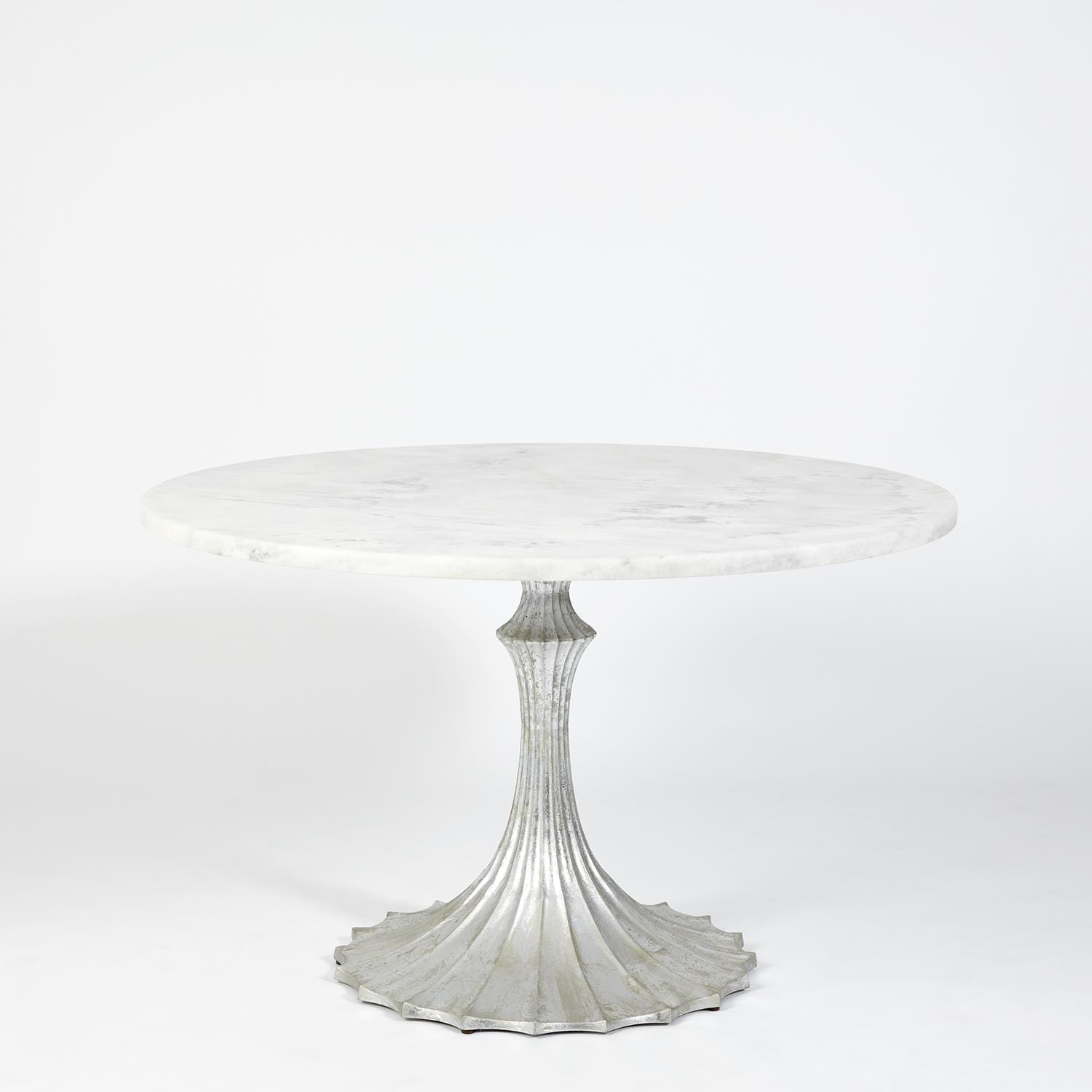 Global Views Flute Table 48 White Marble Top with 26 Silver Leaf Base WDSEH9232-GV