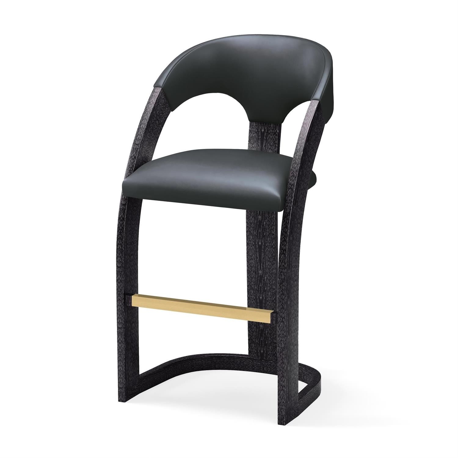 Global Views Delia Bar Stool-Ebony Cerused-Graphite Leather ASH2035
