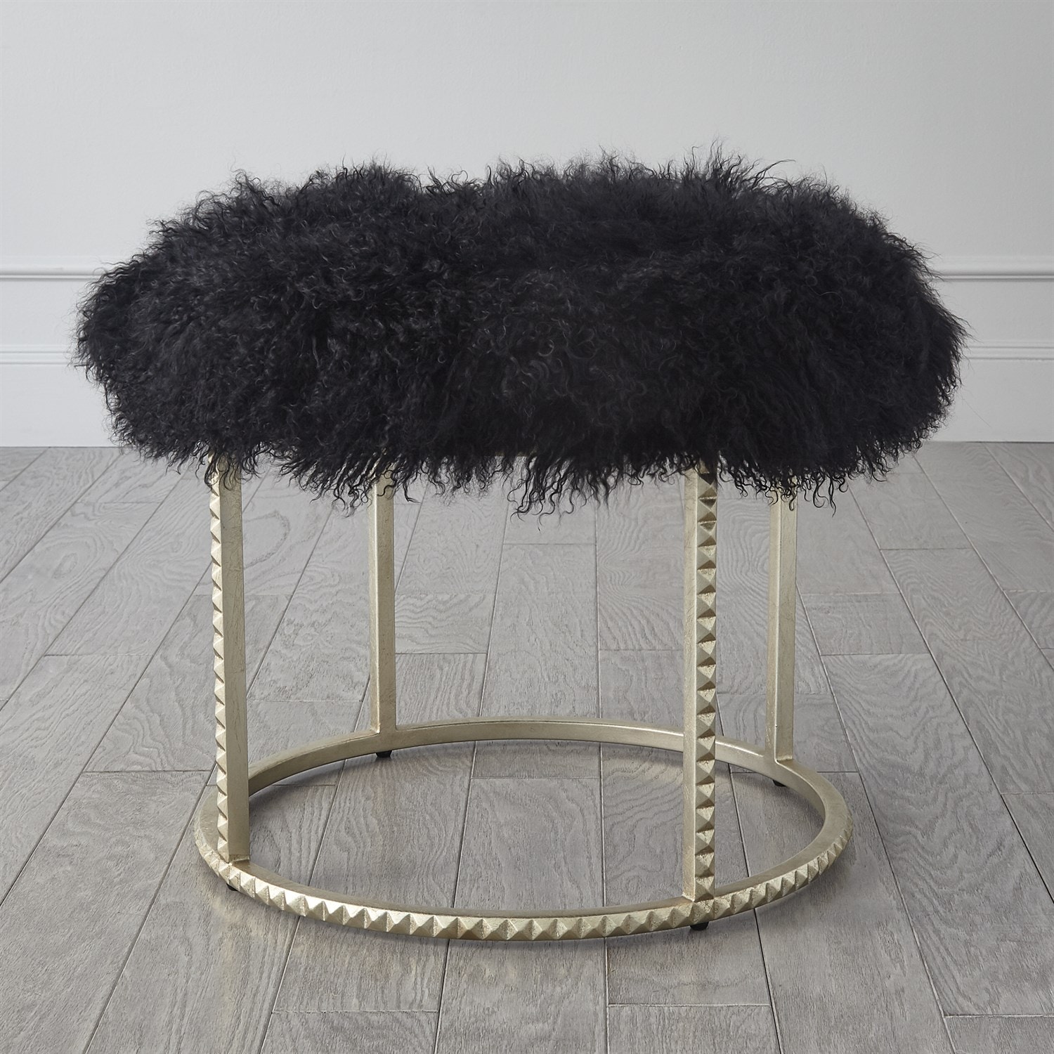 Global Views Stud Pouf-Silver Leaf-Black Fur WDSEH2034-GV