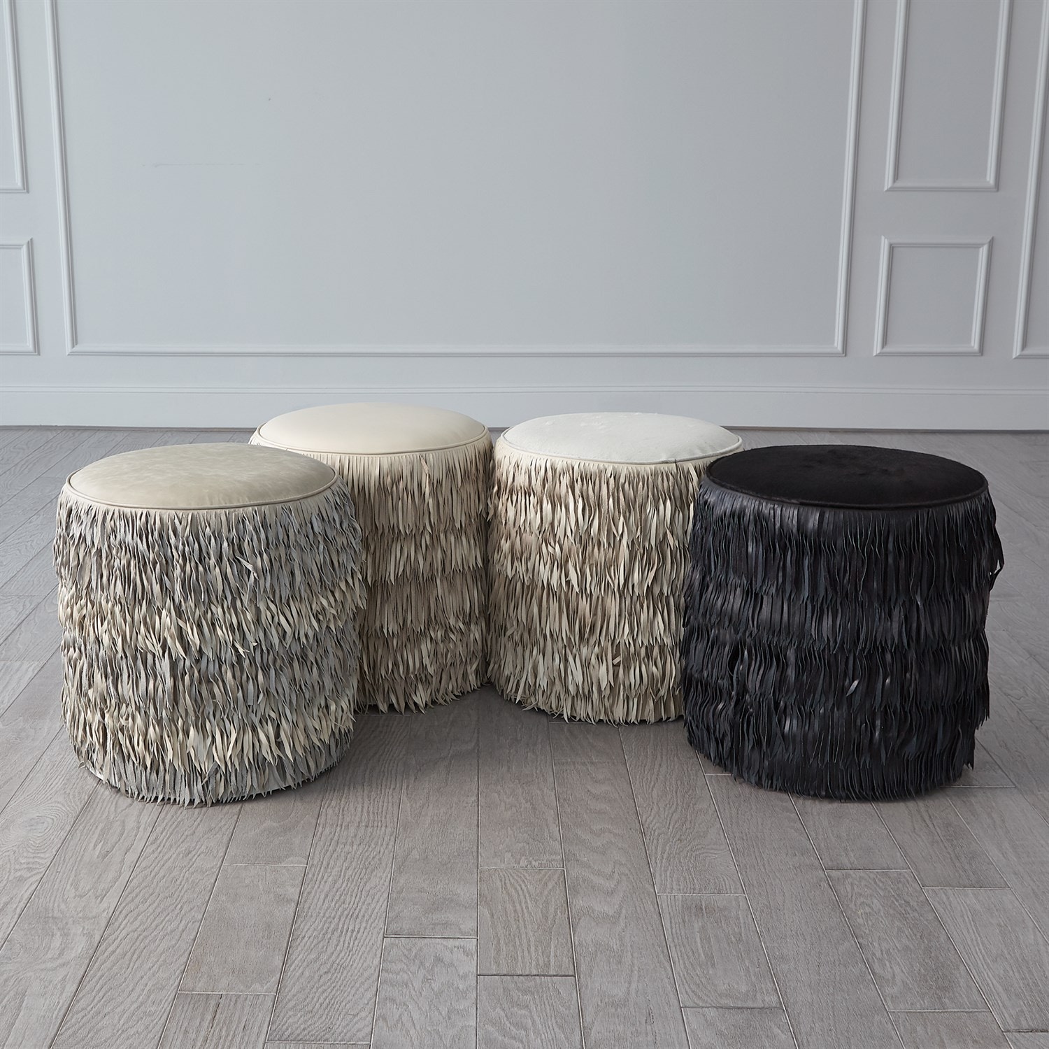 Leather shop fringe ottoman