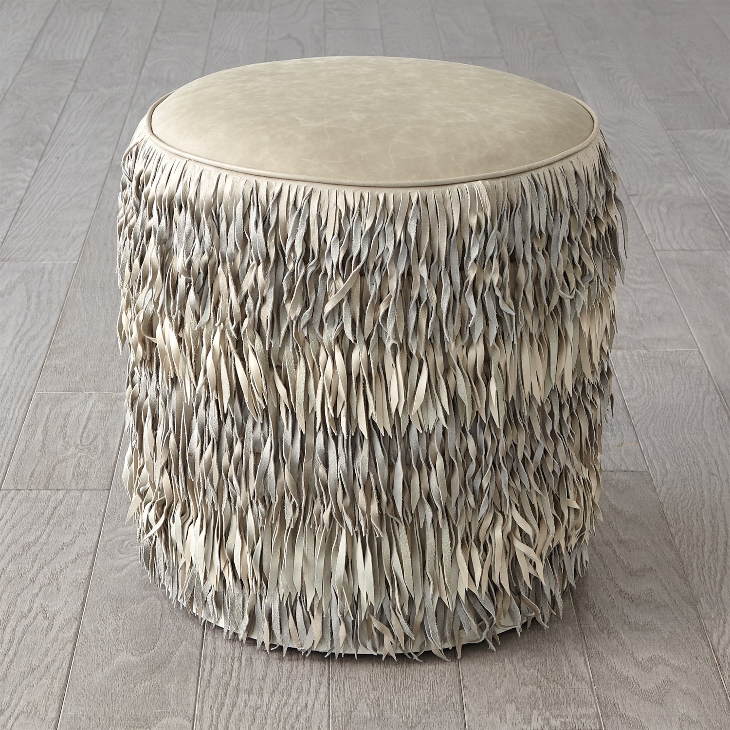 Global Views Living Room Fringe Ottoman-Black Hair-on-Hide