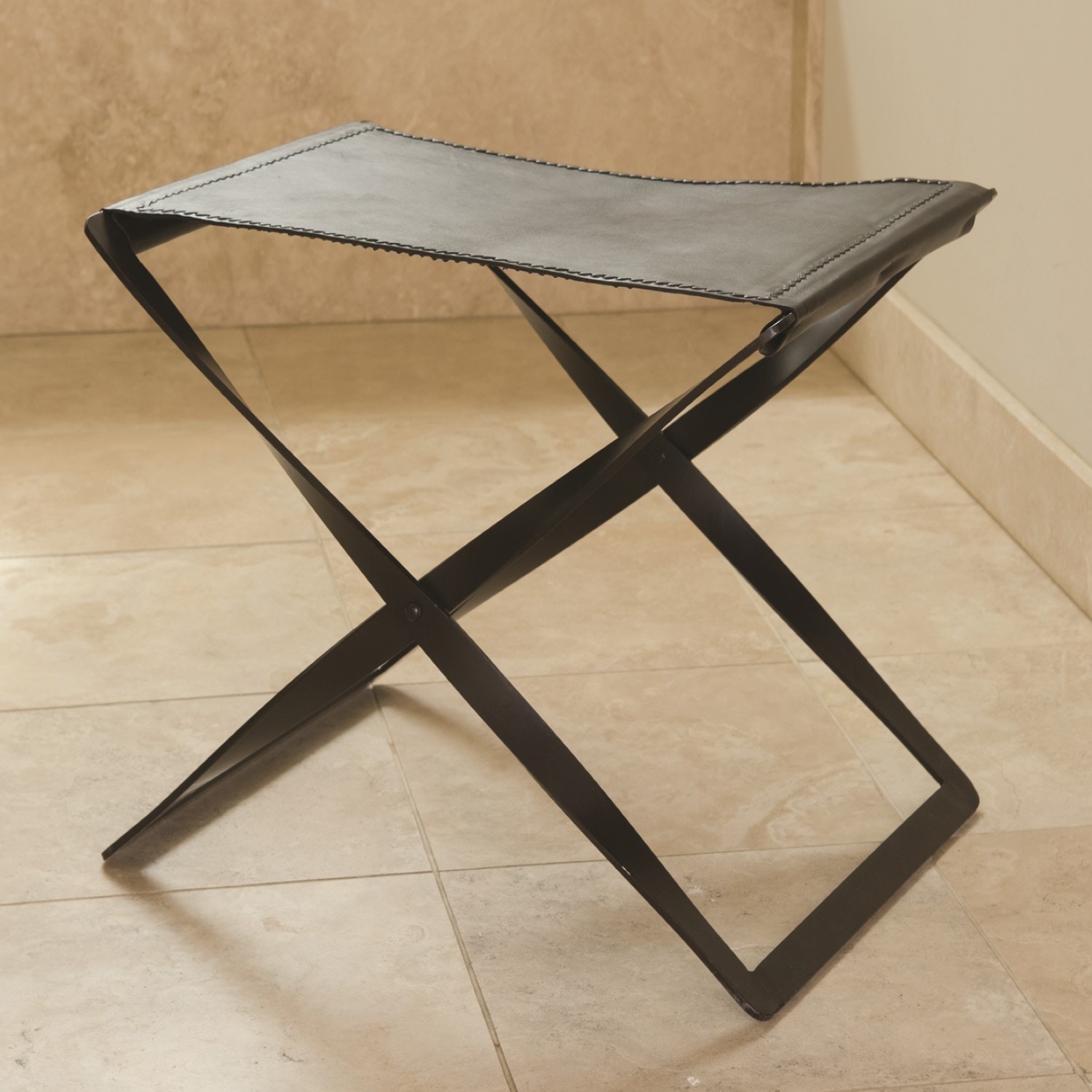 Global Views Living Room Folding Stool-Brown Leather 9679