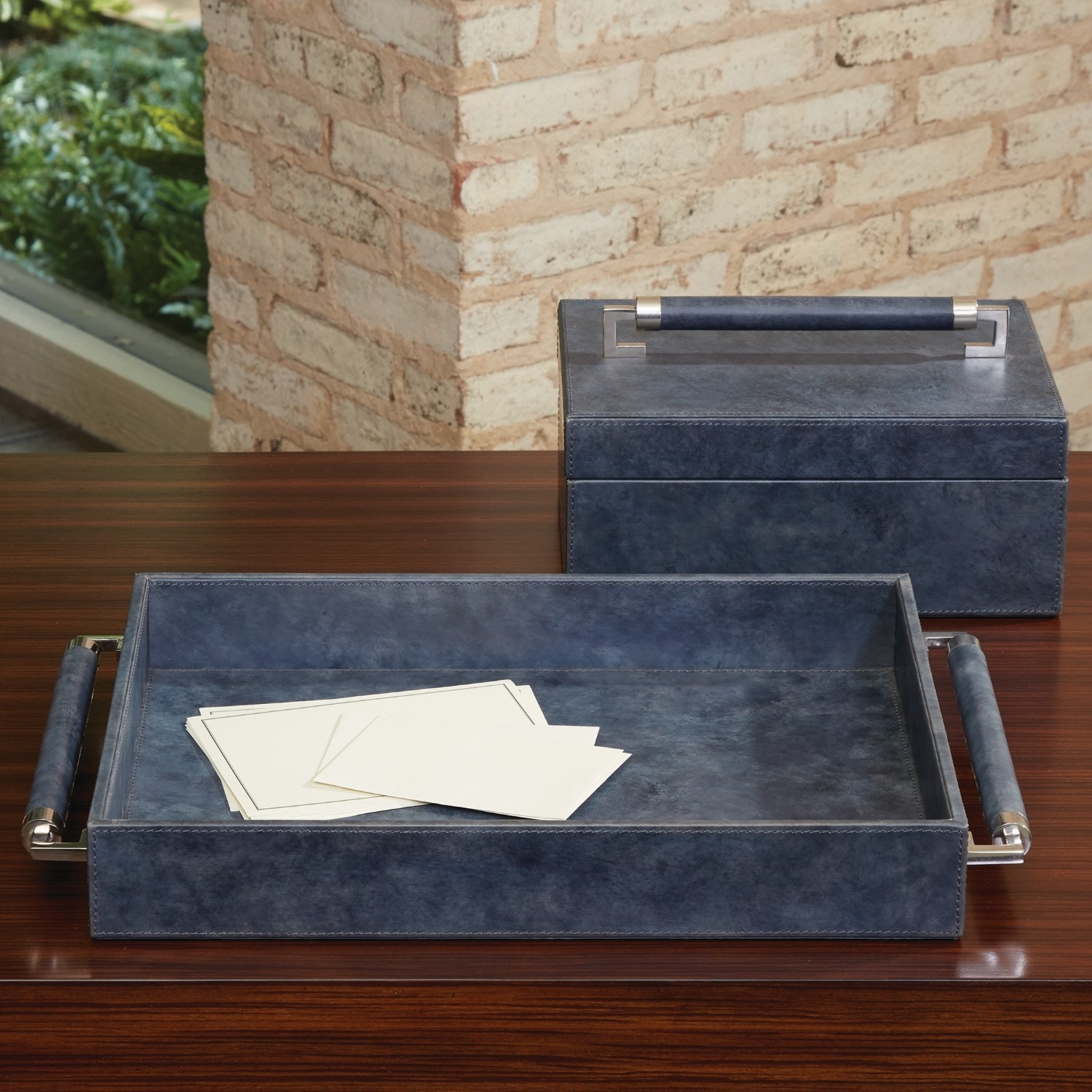 blue serving tray with handles