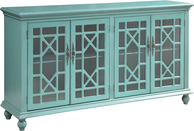 Coast2Coast Home Christensen Hand Painted Textured Credenza Storage Cabinet with 4 Glass Paneled Doors with Chippendale Fretwork 39620