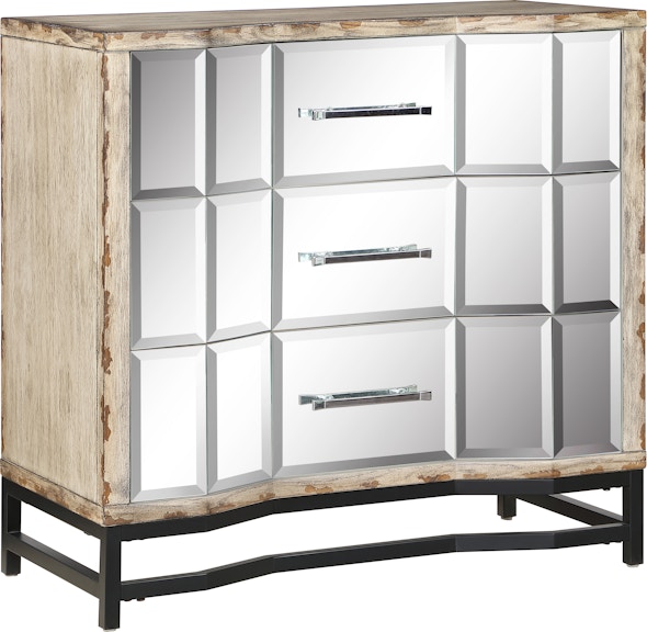 Coast2Coast Home Veronica 3 Drawer Chest with Mirrored Drawer Fronts and Dark Metal Base 40269 40269