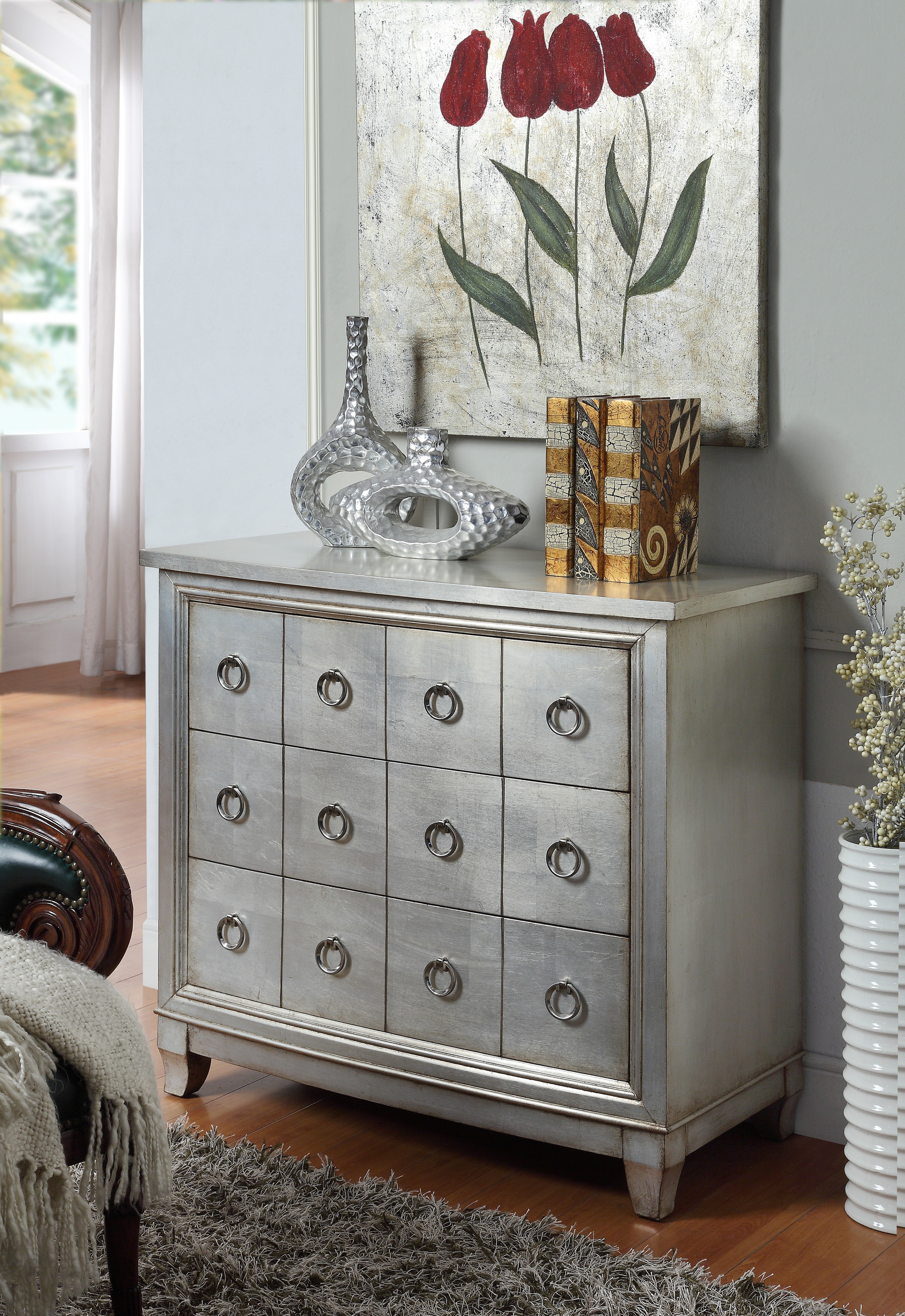 Coast2Coast Home Bedroom Zinnie Metallic Silver 3 Drawer Storage Chest