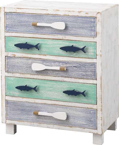 Coast2Coast Home Darwin 5 Drawer Coastal Storage Chest with Blue and Sea Green Fronts and Fish and Oar Hardware 51507