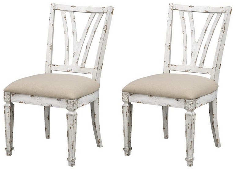 Coast2Coast Home Distressed Finish Solid Wood Upholstered Seat Accent Dining Chairs with a ''V'' Openwork Back 51530 51530