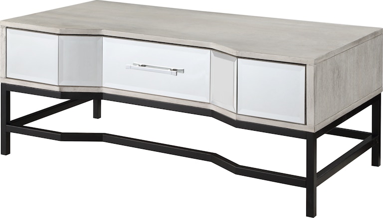 Coast2Coast Home Gabby (51544) - Glam One Drawer White Cocktail Coffee Table with Mirrored Drawer Front and Black Metal Base 51544