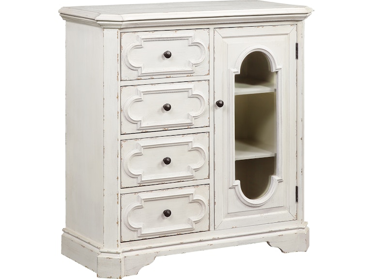 Coast2Coast Home Chic Four Drawer One Door Storage Chest With Glass Door Front And Vintage White Painted Finish 51555 51555