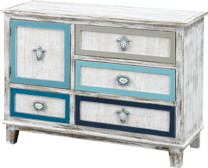 Coast2Coast Home Eddy Distressed Coastal One Door 4 Drawer Storage Cabinet with Turtle and Crab Pulls 55609