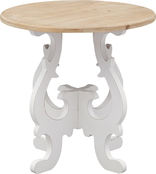 Coast2Coast Home Haven Wynne Shabby Chic Round Accent Side Table with Scrollwork Style White Base and Natural Wood Top 60239