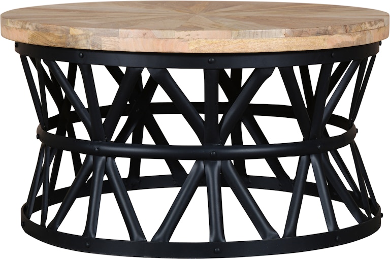 Coast2Coast Home Ferris Benjamin Solid Wood Top Drum Shaped Cocktail Coffee Table with Black Powder Coated Iron Base 62422