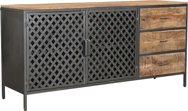 Coast2Coast Home (69247) - Industrial Style 3 Drawer 2 Door Credenza Sideboard with Open Metal Lattice Work and a Wood Plank Top 69247