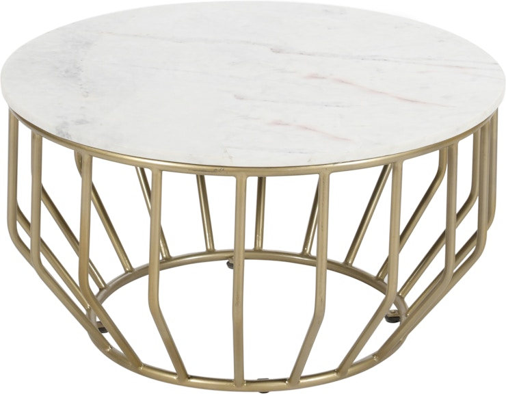 Coast2Coast Home Luna Odell Contemporary White Marble Round Cocktail Coffee Table with Geometric Gold Powder Coated Base 73323
