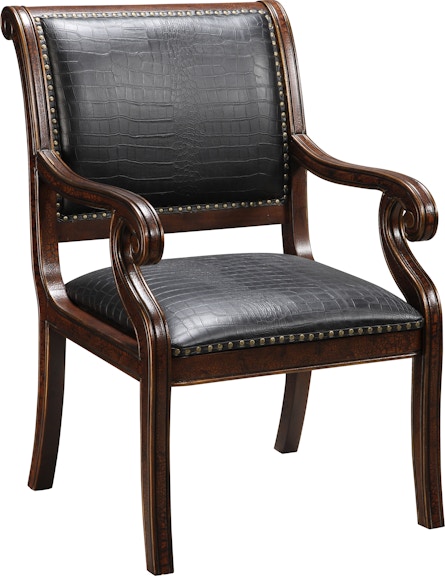 Coast2Coast Home Lizzy Traditional Hand Carved Accent Chair or Arm Chair with Black Leather-like Embossed Alligator Pattern 94032