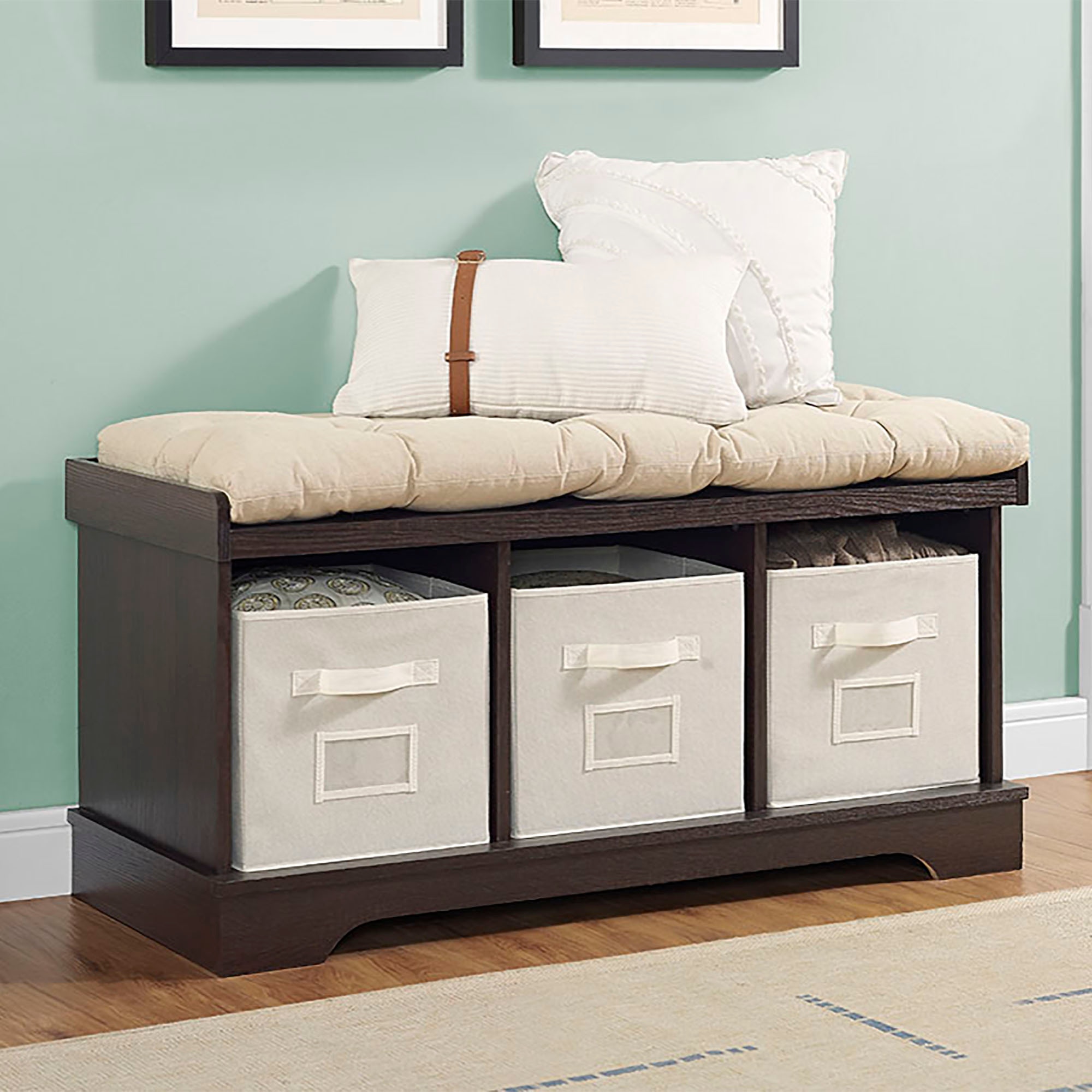 42 Wood Storage Bench With Totes And Cushion Espresso Wedb42stces