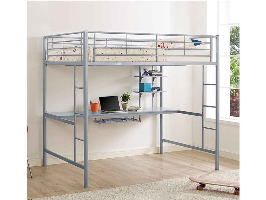 Premium Metal Full Size Loft Bed With Wood Workstation Silver