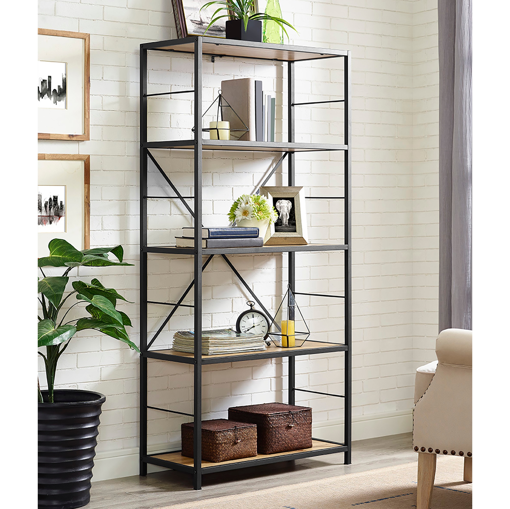 60 Rustic Metal And Wood Media Bookshelf Barnwood Wedbs60rmwbw