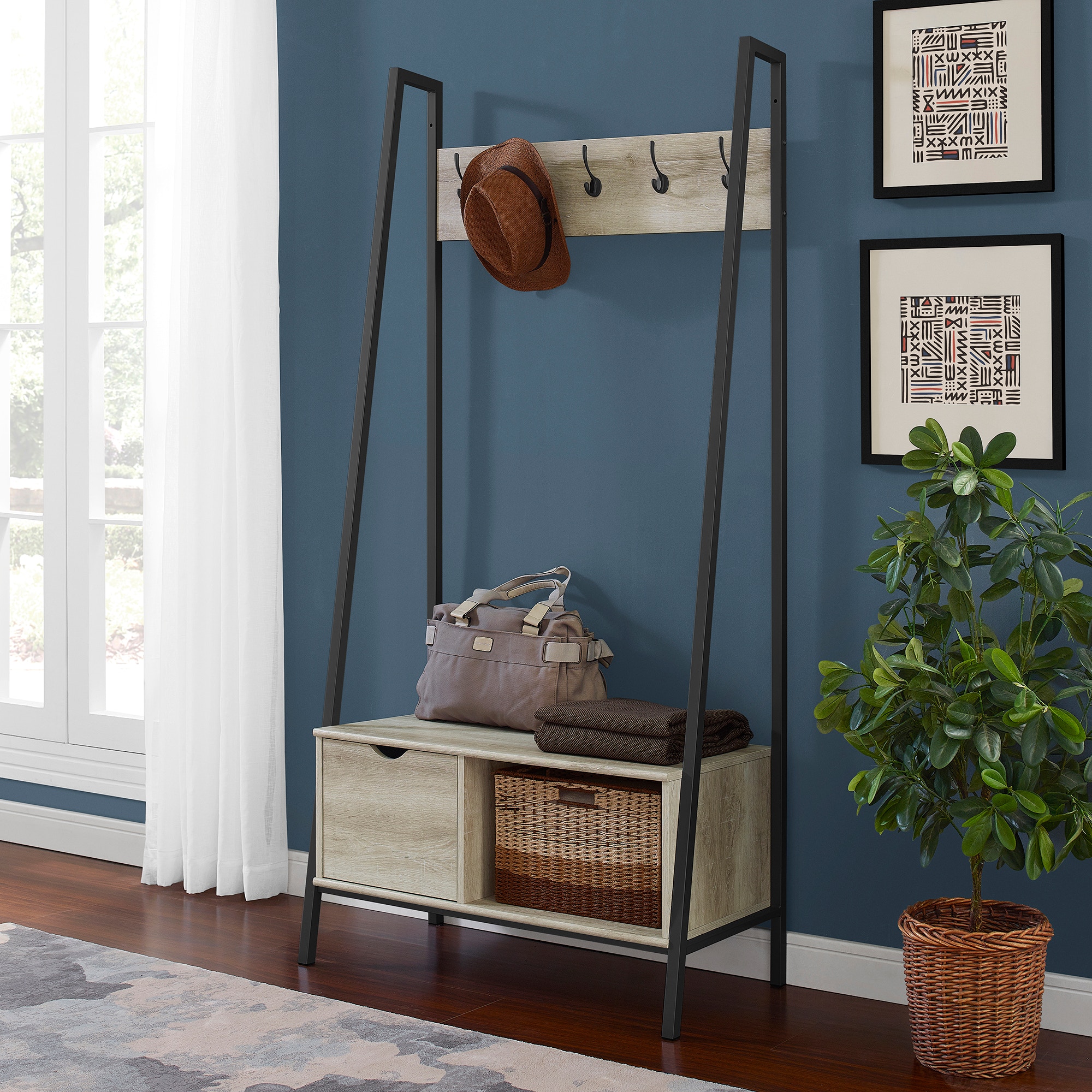 Urban Industrial Angled Side Metal And Wood Storage Hall Tree Coat