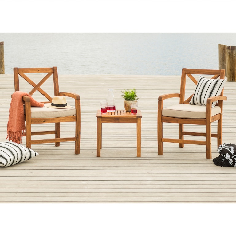 Acacia Wood Patio Chairs With X-Design And Side Table - Brown Ft Myers Acacia Wood Patio Chairs with X-Design and Side Table - Brown WEDOWC3XCGBR - Acacia Wood Patio Chairs With X-Design And Side Table - Brown