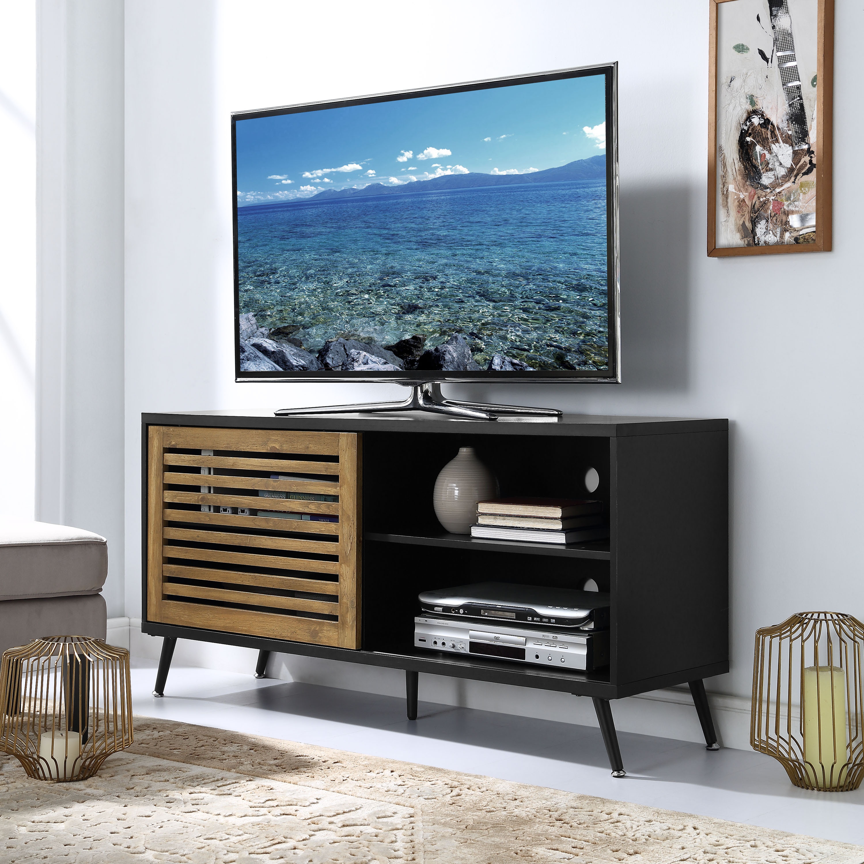 Ft Myers Home Entertainment 52 Mid Century Modern Media Tv Stand Storage Console Entertainment Center With Slatted Sliding Door Black Barnwood