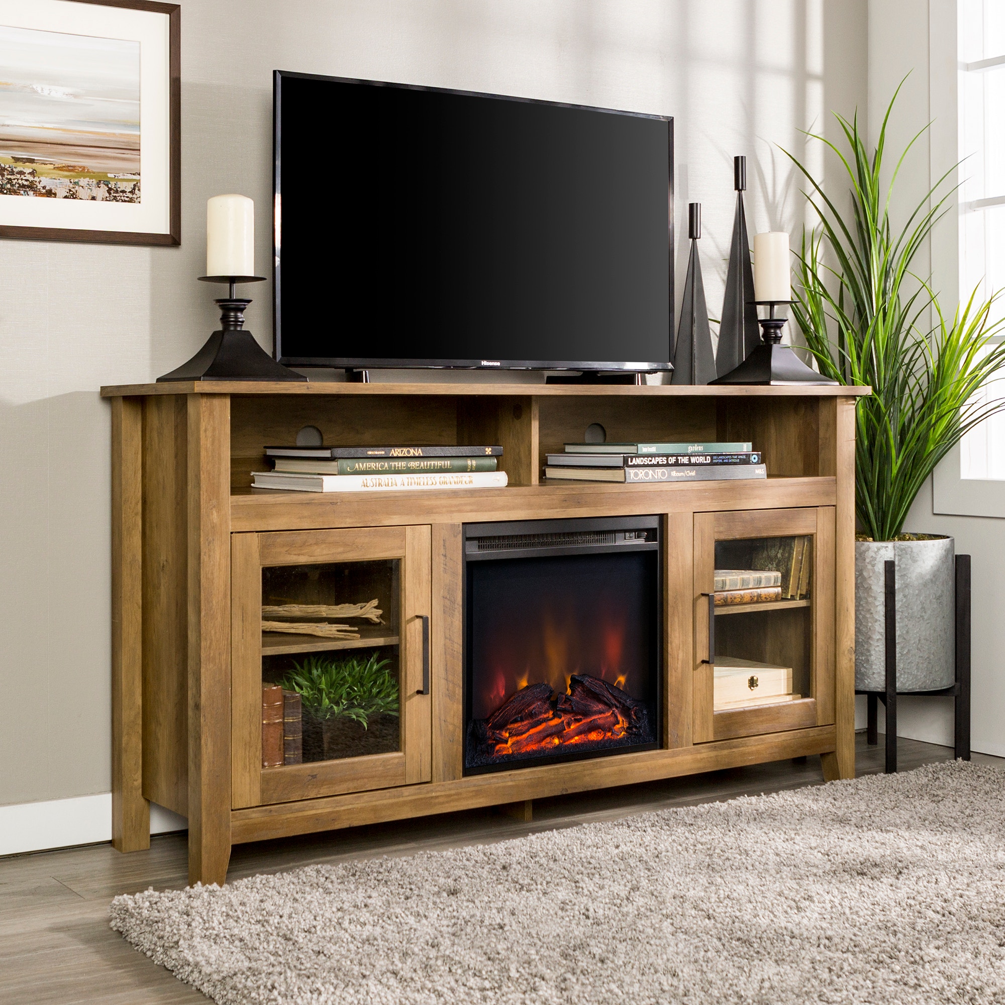 58 Transitional Gl Wood Highboy Electric Fireplace Tv Stand 58 Transitional Gl Wood Highboy