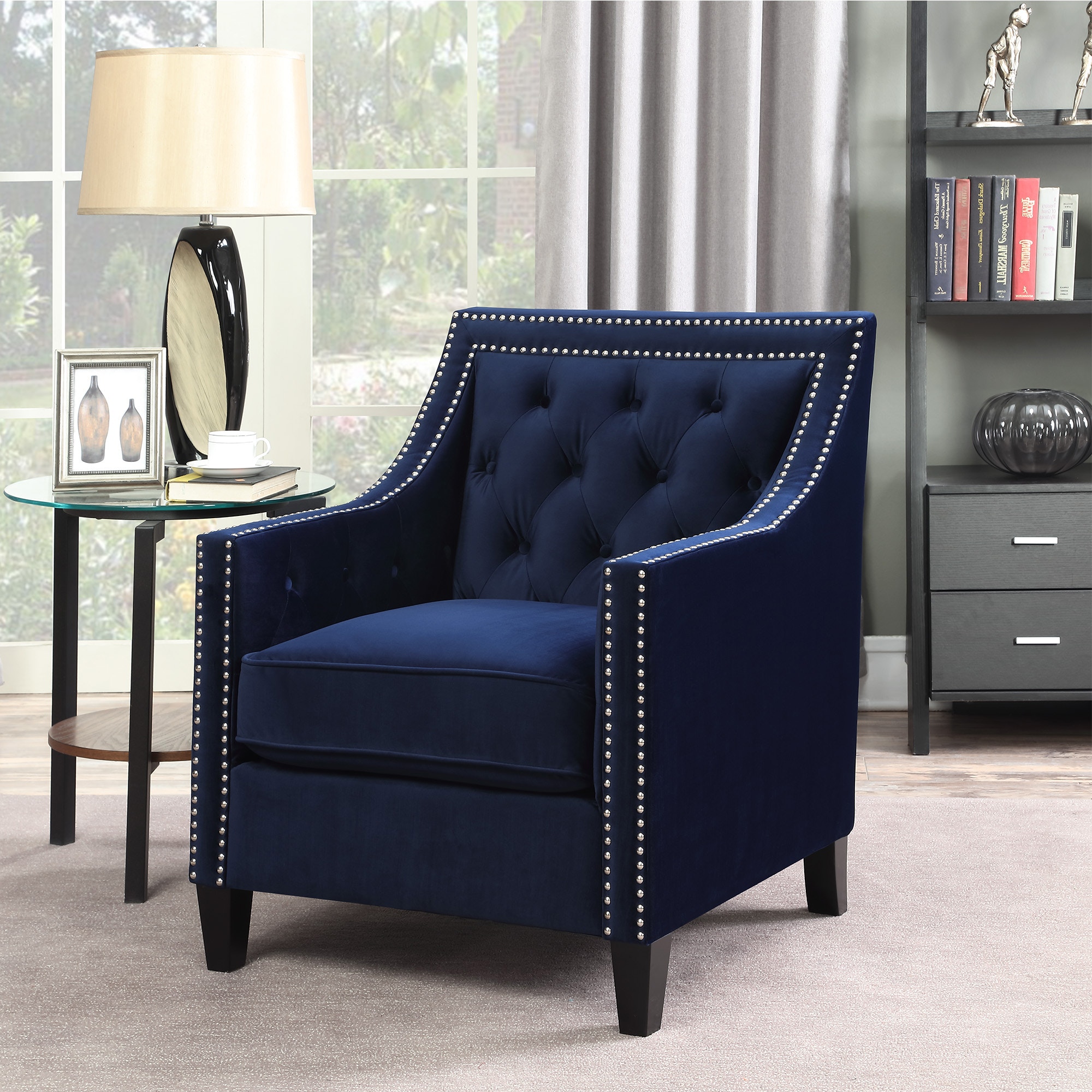 tiffany navy blue tufted armchair